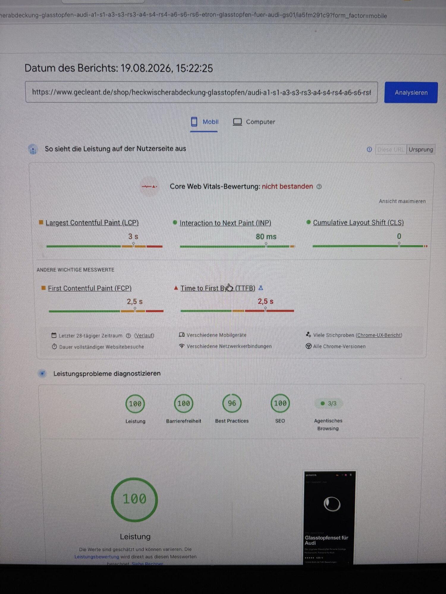 PageSpeed Insights: Leistung 100, Barrierefreiheit 100, Best Practices 96